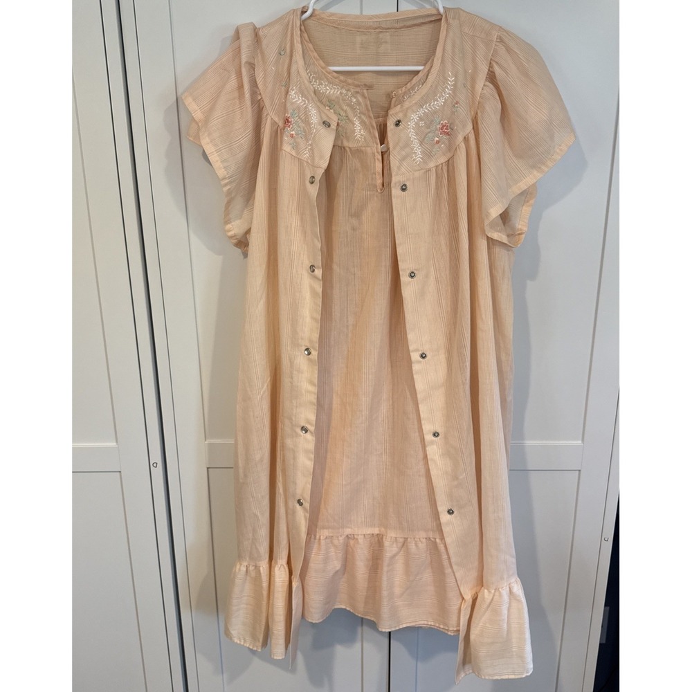 Vntg Nightgown& Robe Embroidered Floral Mini‎ Orange Sz Sm Cottage Granny